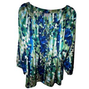 Roz & Ali Plus Size 1X Blouse Green & Blue Satin Top Boho‎ Art Chic Casual Cute